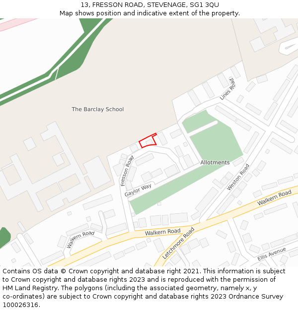 13, FRESSON ROAD, STEVENAGE, SG1 3QU: Location map and indicative extent of plot