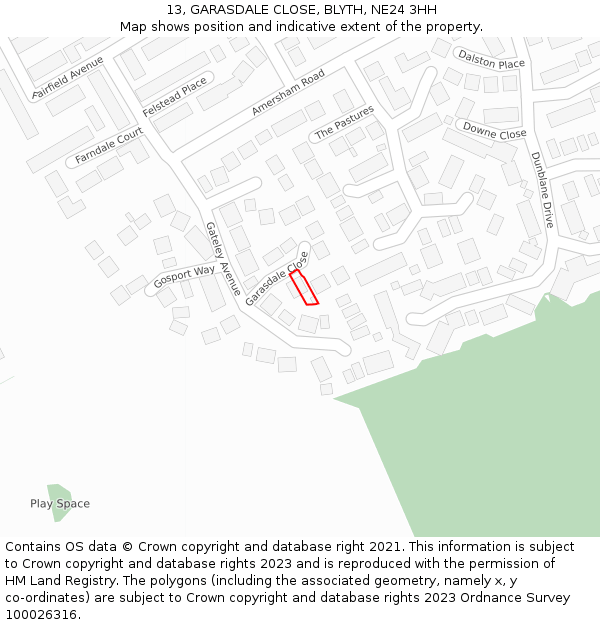 13, GARASDALE CLOSE, BLYTH, NE24 3HH: Location map and indicative extent of plot
