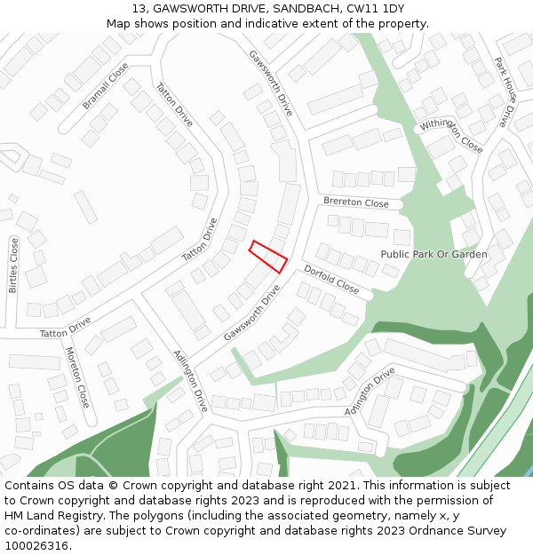 13, GAWSWORTH DRIVE, SANDBACH, CW11 1DY: Location map and indicative extent of plot