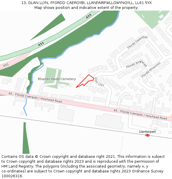 13, GLAN LLYN, FFORDD CAERGYBI, LLANFAIRPWLLGWYNGYLL, LL61 5YX: Location map and indicative extent of plot