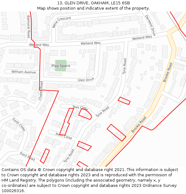 13, GLEN DRIVE, OAKHAM, LE15 6SB: Location map and indicative extent of plot