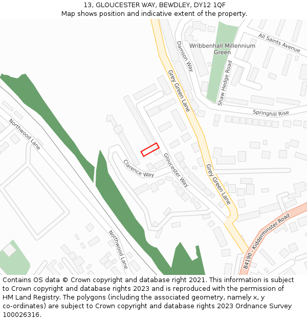 13, GLOUCESTER WAY, BEWDLEY, DY12 1QF: Location map and indicative extent of plot