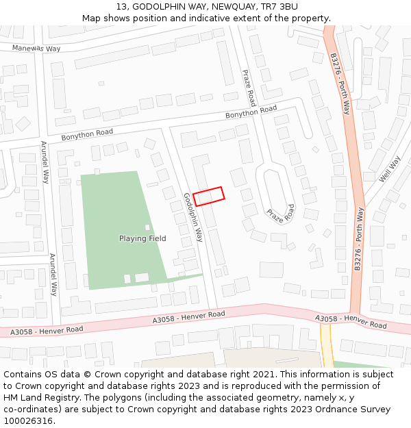 13, GODOLPHIN WAY, NEWQUAY, TR7 3BU: Location map and indicative extent of plot