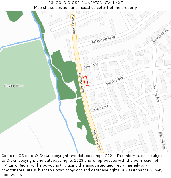 13, GOLD CLOSE, NUNEATON, CV11 4XZ: Location map and indicative extent of plot