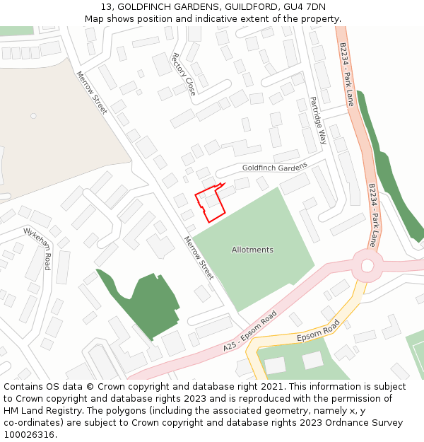 13, GOLDFINCH GARDENS, GUILDFORD, GU4 7DN: Location map and indicative extent of plot