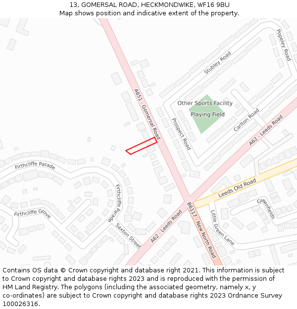 13, GOMERSAL ROAD, HECKMONDWIKE, WF16 9BU: Location map and indicative extent of plot