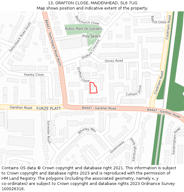 13, GRAFTON CLOSE, MAIDENHEAD, SL6 7UG: Location map and indicative extent of plot