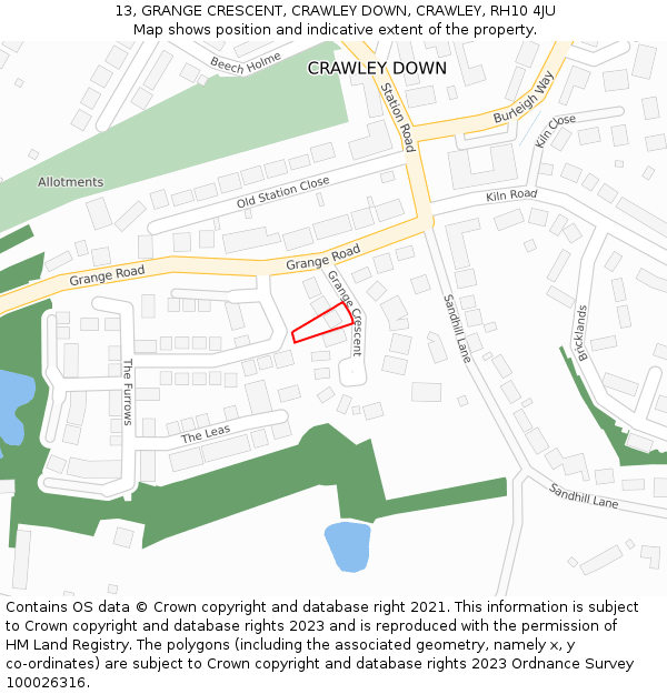 13, GRANGE CRESCENT, CRAWLEY DOWN, CRAWLEY, RH10 4JU: Location map and indicative extent of plot