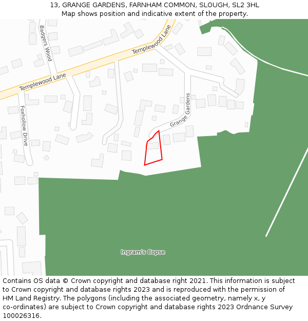 13, GRANGE GARDENS, FARNHAM COMMON, SLOUGH, SL2 3HL: Location map and indicative extent of plot