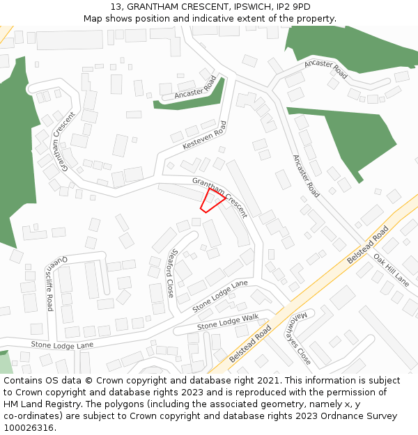 13, GRANTHAM CRESCENT, IPSWICH, IP2 9PD: Location map and indicative extent of plot