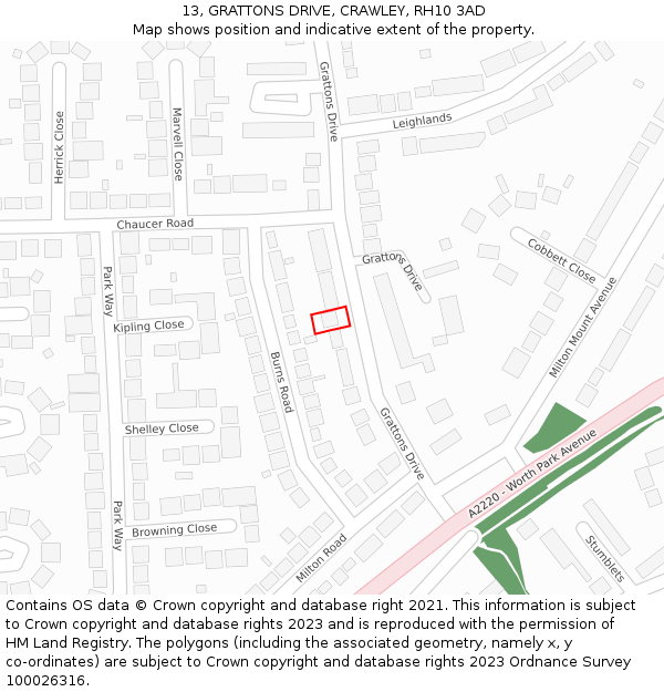 13, GRATTONS DRIVE, CRAWLEY, RH10 3AD: Location map and indicative extent of plot