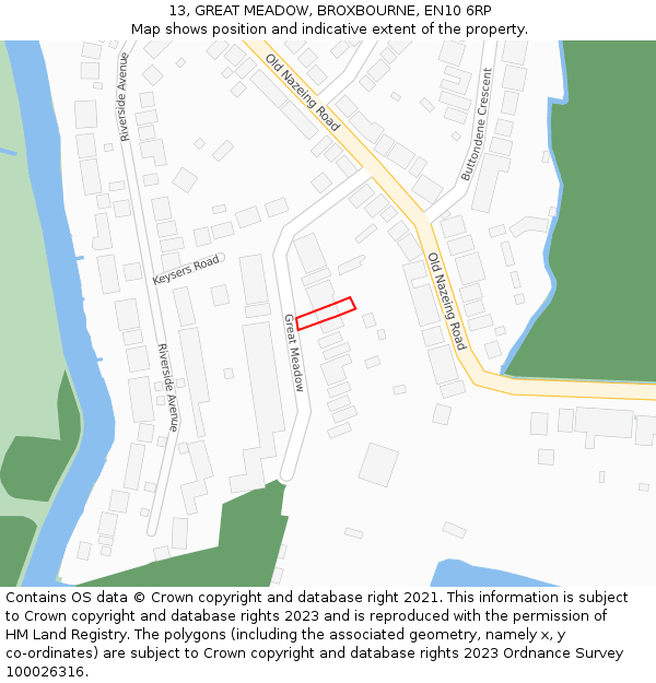 13, GREAT MEADOW, BROXBOURNE, EN10 6RP: Location map and indicative extent of plot