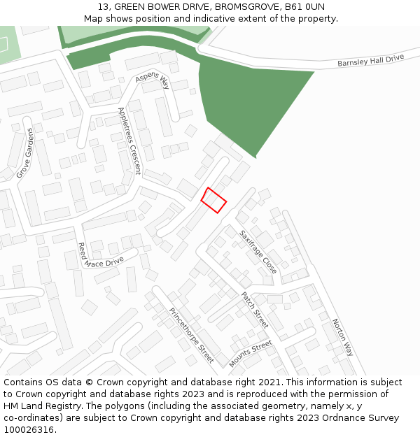 13, GREEN BOWER DRIVE, BROMSGROVE, B61 0UN: Location map and indicative extent of plot