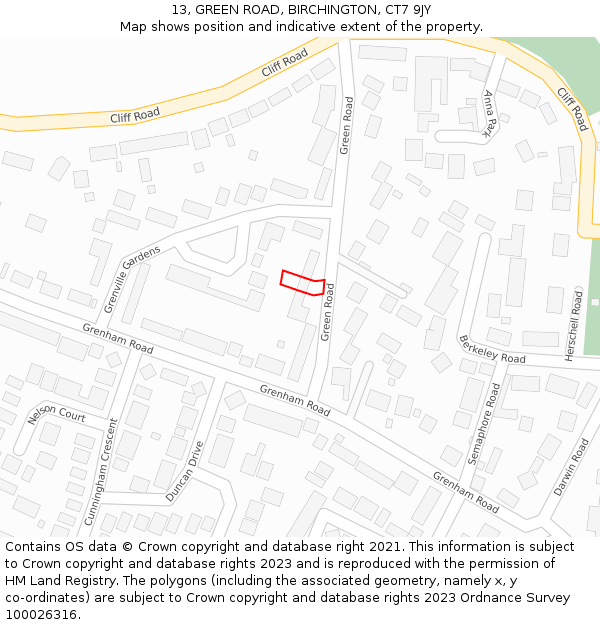 13, GREEN ROAD, BIRCHINGTON, CT7 9JY: Location map and indicative extent of plot