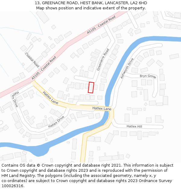 13, GREENACRE ROAD, HEST BANK, LANCASTER, LA2 6HD: Location map and indicative extent of plot