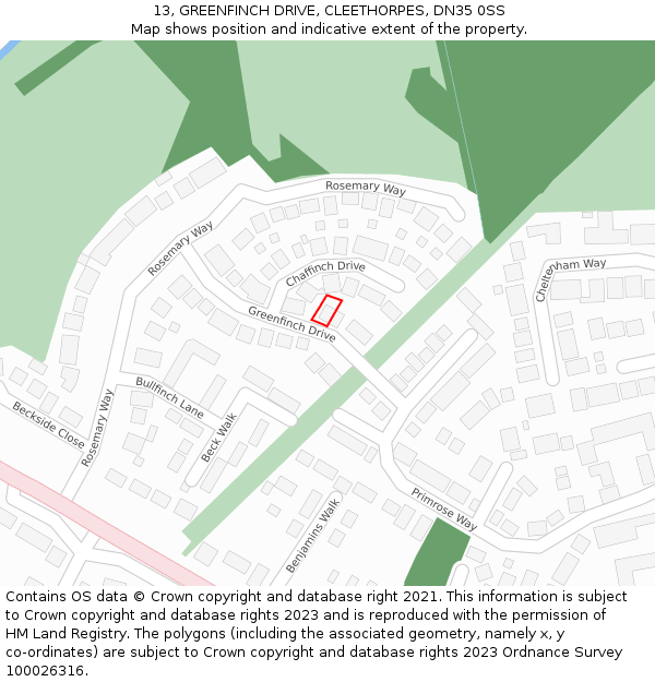 13, GREENFINCH DRIVE, CLEETHORPES, DN35 0SS: Location map and indicative extent of plot