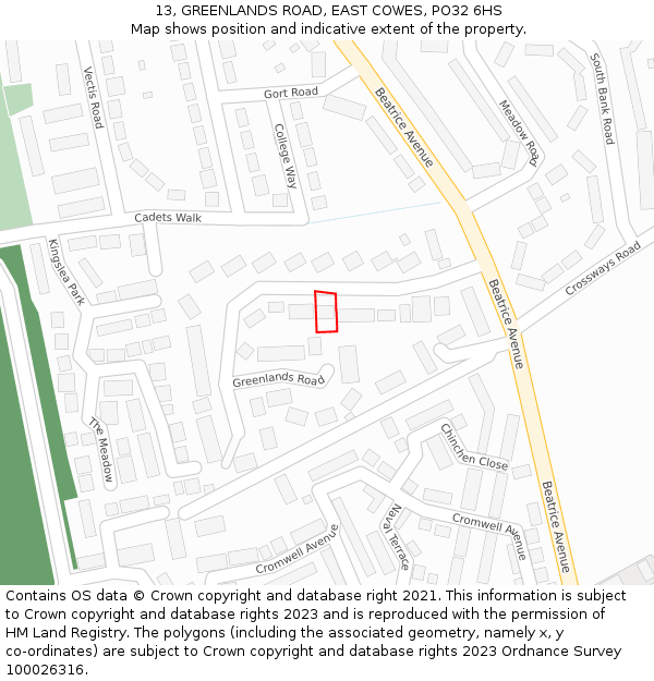 13, GREENLANDS ROAD, EAST COWES, PO32 6HS: Location map and indicative extent of plot