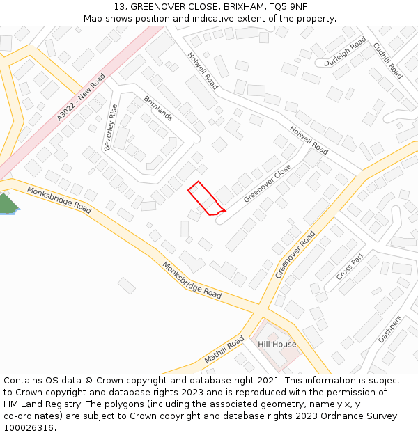 13, GREENOVER CLOSE, BRIXHAM, TQ5 9NF: Location map and indicative extent of plot