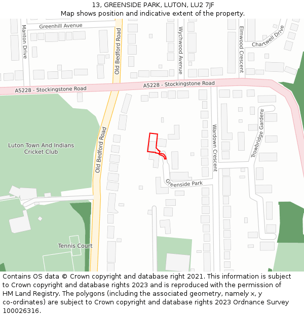 13, GREENSIDE PARK, LUTON, LU2 7JF: Location map and indicative extent of plot