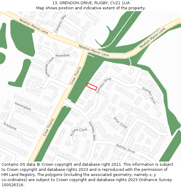 13, GRENDON DRIVE, RUGBY, CV21 1UA: Location map and indicative extent of plot