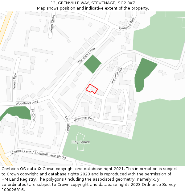 13, GRENVILLE WAY, STEVENAGE, SG2 8XZ: Location map and indicative extent of plot