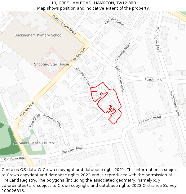 13, GRESHAM ROAD, HAMPTON, TW12 3RB: Location map and indicative extent of plot