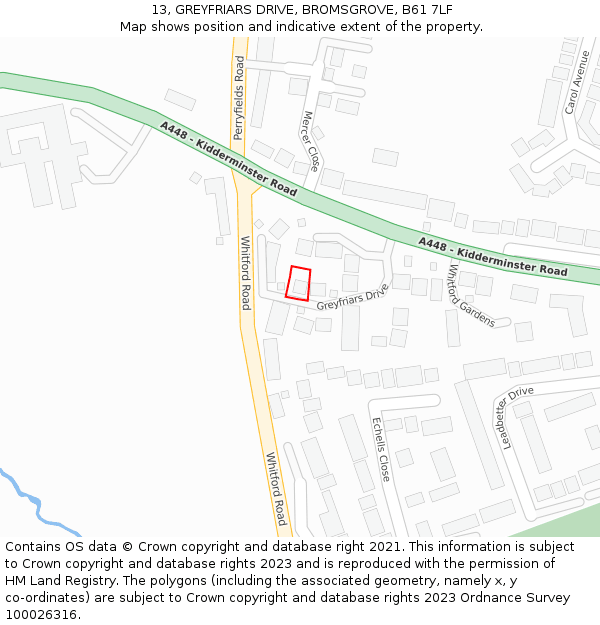 13, GREYFRIARS DRIVE, BROMSGROVE, B61 7LF: Location map and indicative extent of plot