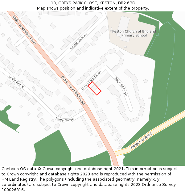 13, GREYS PARK CLOSE, KESTON, BR2 6BD: Location map and indicative extent of plot