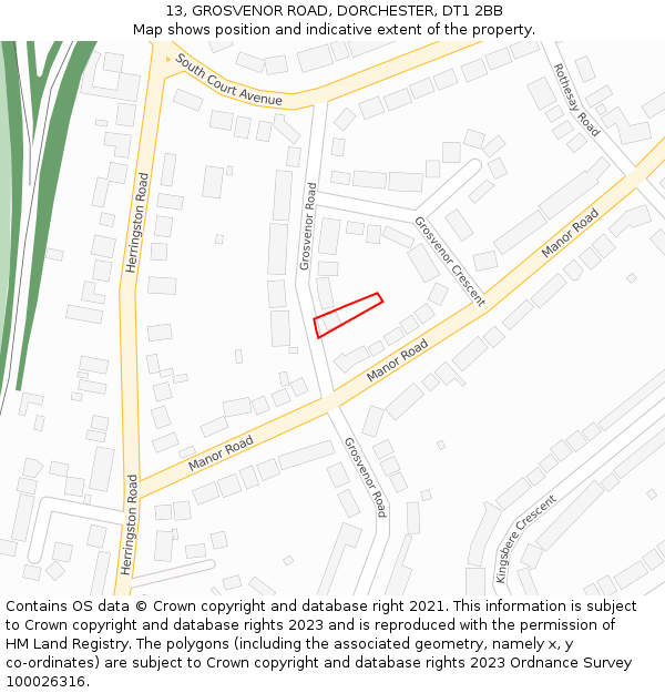 13, GROSVENOR ROAD, DORCHESTER, DT1 2BB: Location map and indicative extent of plot