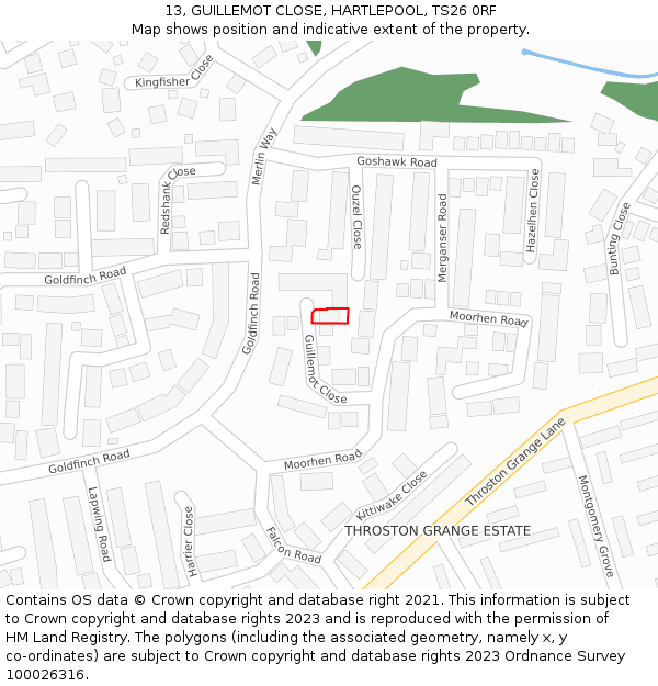 13, GUILLEMOT CLOSE, HARTLEPOOL, TS26 0RF: Location map and indicative extent of plot