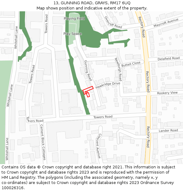 13, GUNNING ROAD, GRAYS, RM17 6UQ: Location map and indicative extent of plot