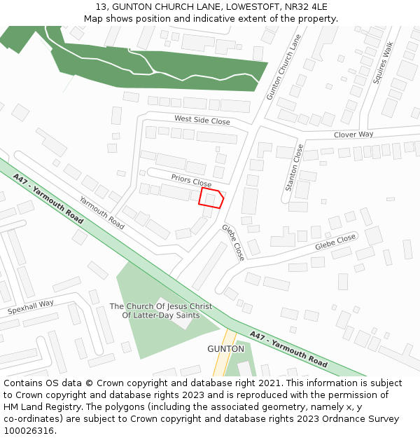13, GUNTON CHURCH LANE, LOWESTOFT, NR32 4LE: Location map and indicative extent of plot
