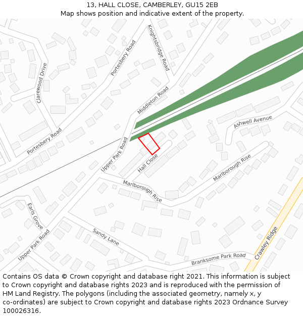 13, HALL CLOSE, CAMBERLEY, GU15 2EB: Location map and indicative extent of plot