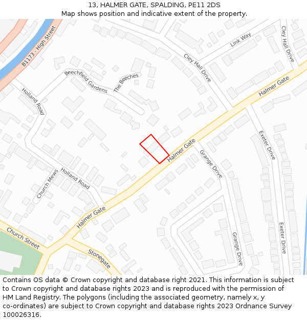 13, HALMER GATE, SPALDING, PE11 2DS: Location map and indicative extent of plot