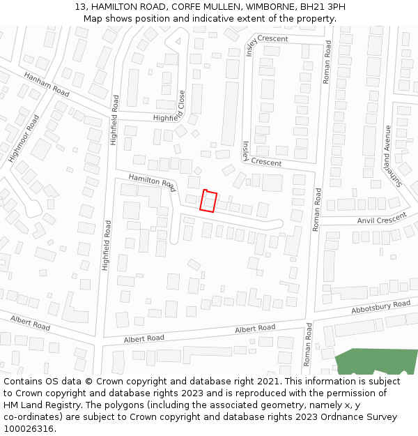 13, HAMILTON ROAD, CORFE MULLEN, WIMBORNE, BH21 3PH: Location map and indicative extent of plot