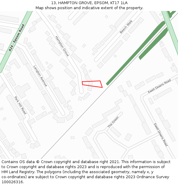 13, HAMPTON GROVE, EPSOM, KT17 1LA: Location map and indicative extent of plot