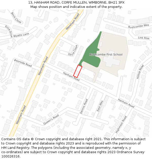 13, HANHAM ROAD, CORFE MULLEN, WIMBORNE, BH21 3PX: Location map and indicative extent of plot