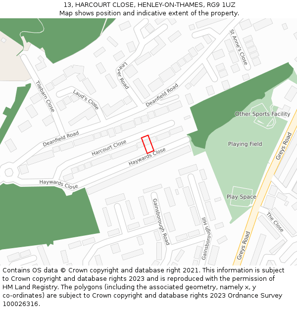 13, HARCOURT CLOSE, HENLEY-ON-THAMES, RG9 1UZ: Location map and indicative extent of plot