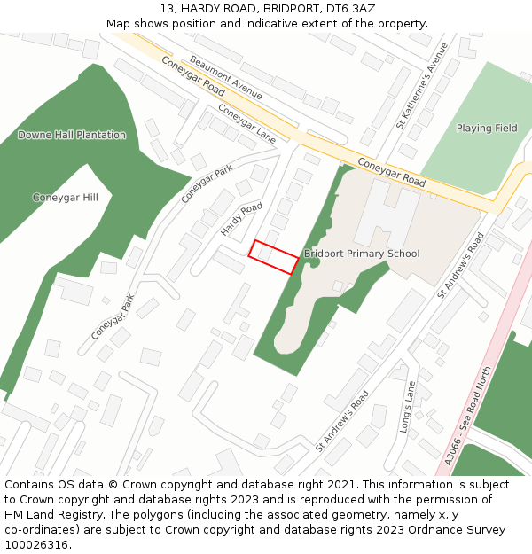 13, HARDY ROAD, BRIDPORT, DT6 3AZ: Location map and indicative extent of plot