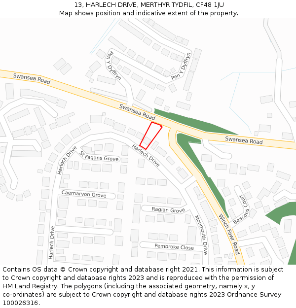 13, HARLECH DRIVE, MERTHYR TYDFIL, CF48 1JU: Location map and indicative extent of plot