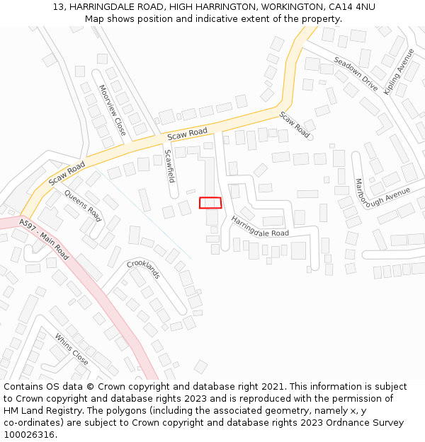 13, HARRINGDALE ROAD, HIGH HARRINGTON, WORKINGTON, CA14 4NU: Location map and indicative extent of plot