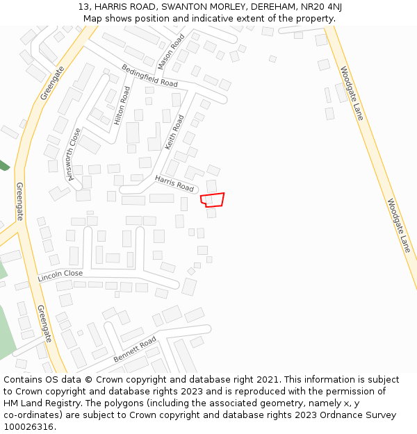 13, HARRIS ROAD, SWANTON MORLEY, DEREHAM, NR20 4NJ: Location map and indicative extent of plot