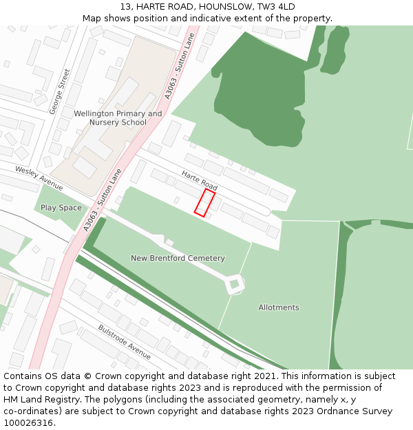 13, HARTE ROAD, HOUNSLOW, TW3 4LD: Location map and indicative extent of plot