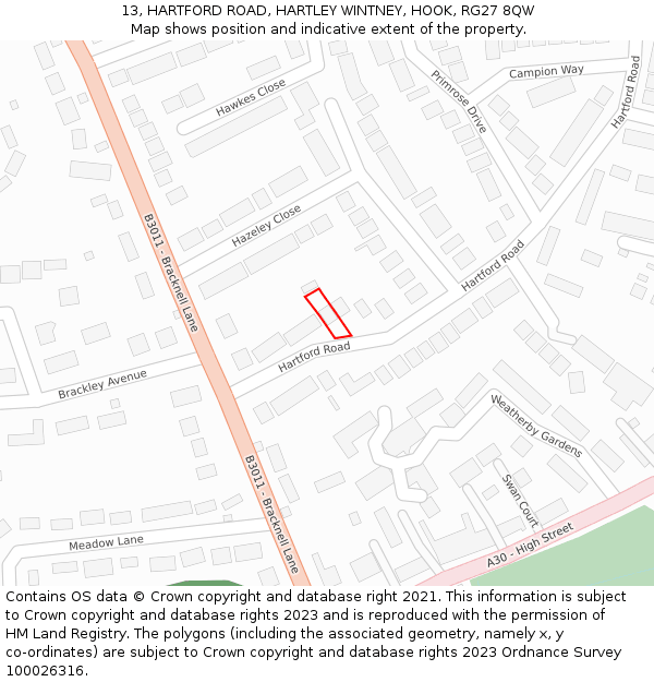 13, HARTFORD ROAD, HARTLEY WINTNEY, HOOK, RG27 8QW: Location map and indicative extent of plot