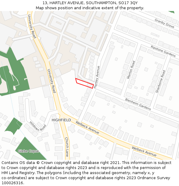 13, HARTLEY AVENUE, SOUTHAMPTON, SO17 3QY: Location map and indicative extent of plot