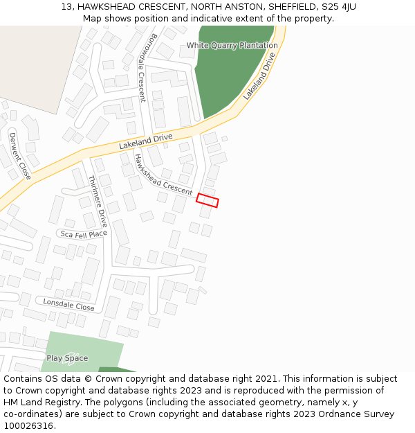 13, HAWKSHEAD CRESCENT, NORTH ANSTON, SHEFFIELD, S25 4JU: Location map and indicative extent of plot