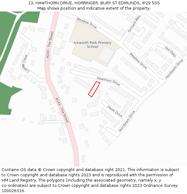 13, HAWTHORN DRIVE, HORRINGER, BURY ST EDMUNDS, IP29 5SS: Location map and indicative extent of plot