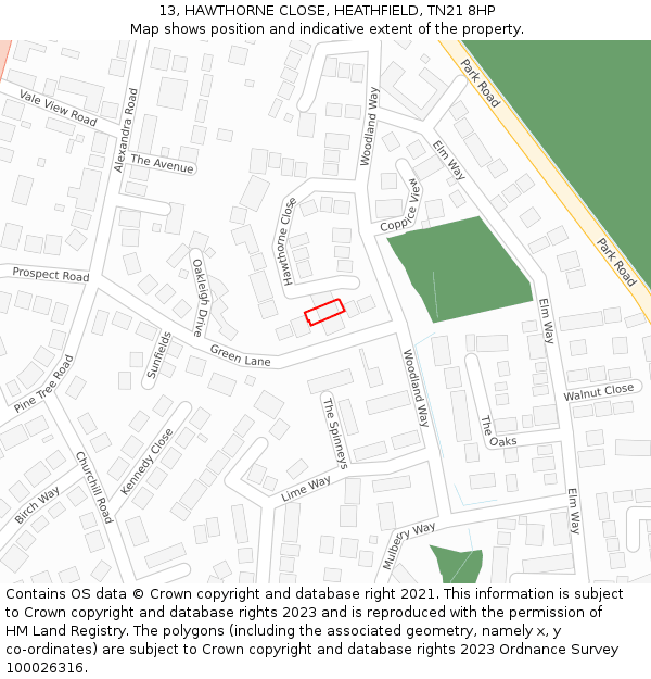 13, HAWTHORNE CLOSE, HEATHFIELD, TN21 8HP: Location map and indicative extent of plot