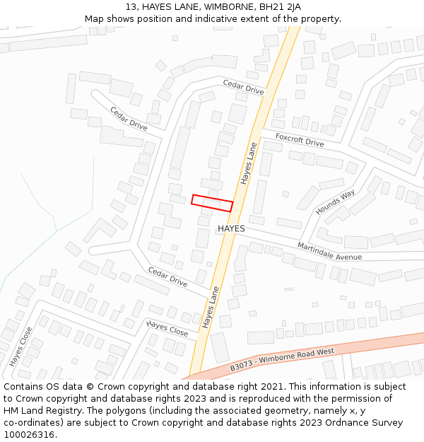 13, HAYES LANE, WIMBORNE, BH21 2JA: Location map and indicative extent of plot