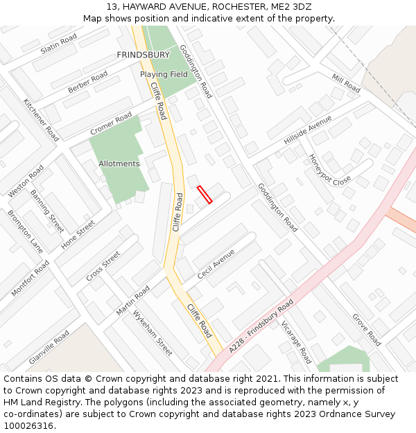 13, HAYWARD AVENUE, ROCHESTER, ME2 3DZ: Location map and indicative extent of plot